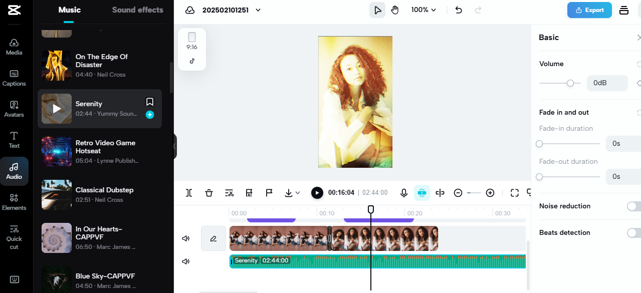 Pippit video editing interface showing music tracks and clip editing, perfect for dropshipping website content.